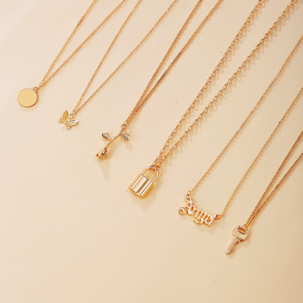 Multi-Layer Lock & Rose Necklace Set