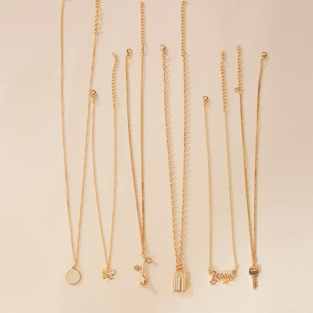 Multi-Layer Lock & Rose Necklace Set