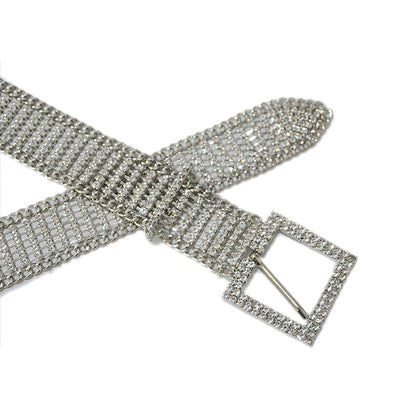Square buckle mesh rhinestone inlaid belt