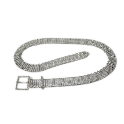 Square buckle mesh rhinestone inlaid belt
