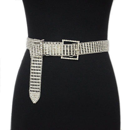 Square buckle mesh rhinestone inlaid belt