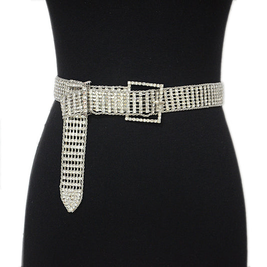 Square buckle mesh rhinestone inlaid belt
