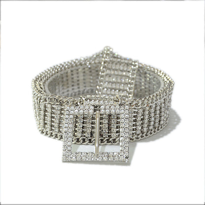 Square buckle mesh rhinestone inlaid belt