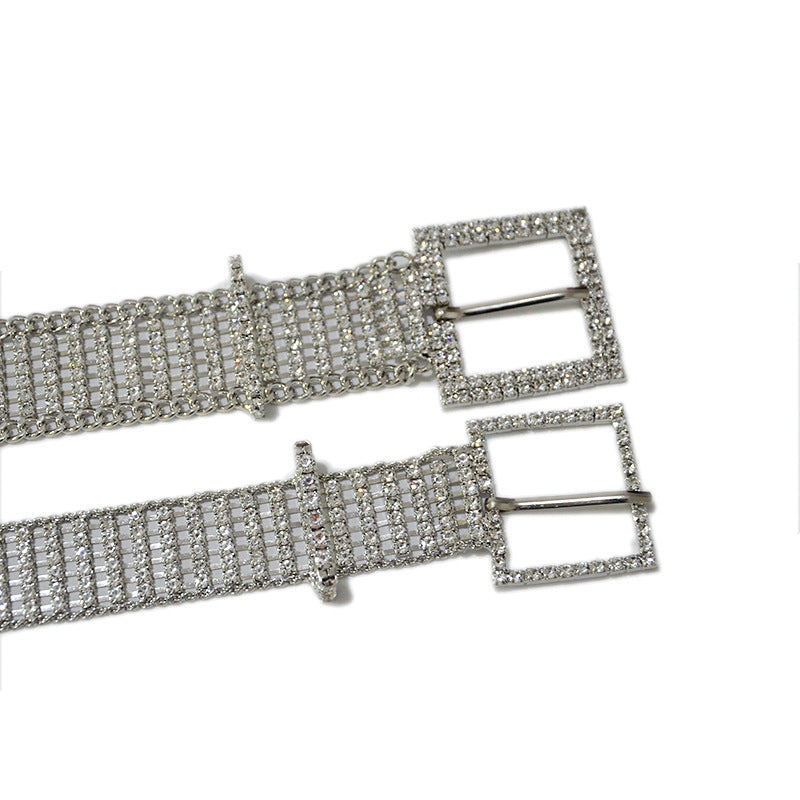 Square buckle mesh rhinestone inlaid belt
