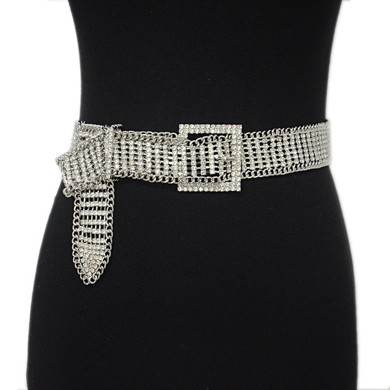 Square buckle mesh rhinestone inlaid belt