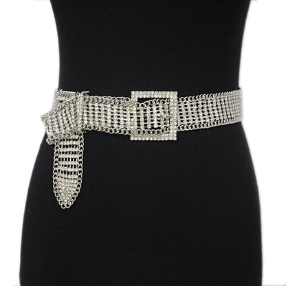 Square buckle mesh rhinestone inlaid belt