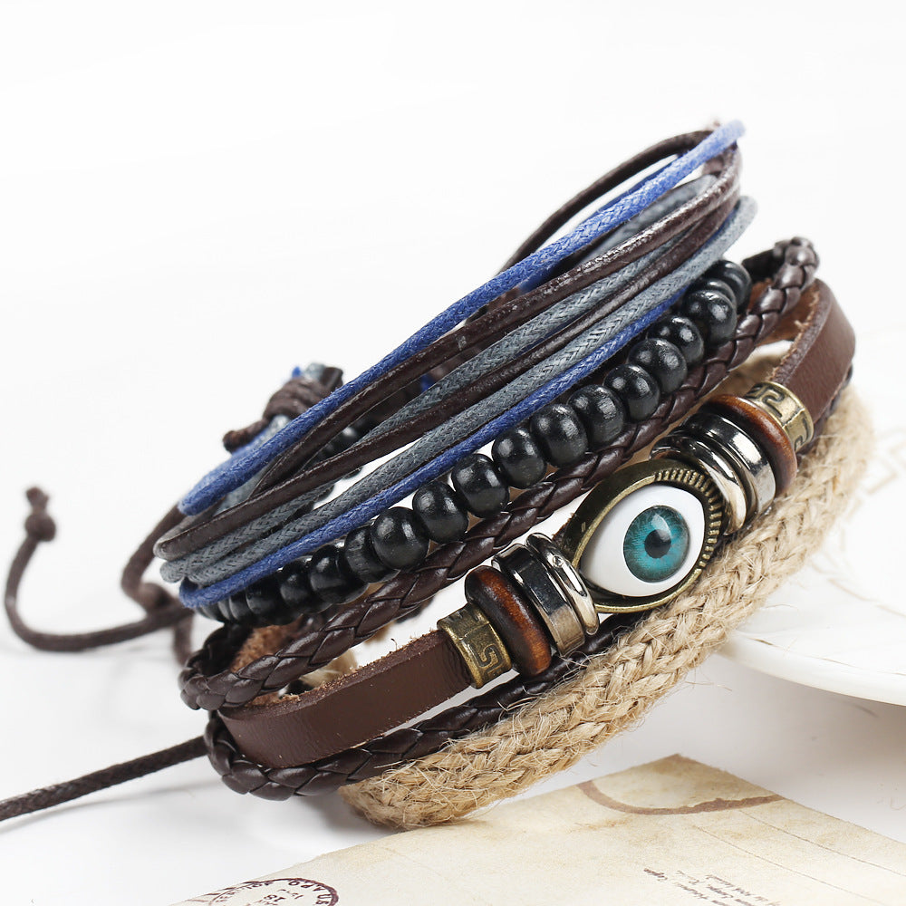 Retro Eyes Leather Beaded Bracelet
