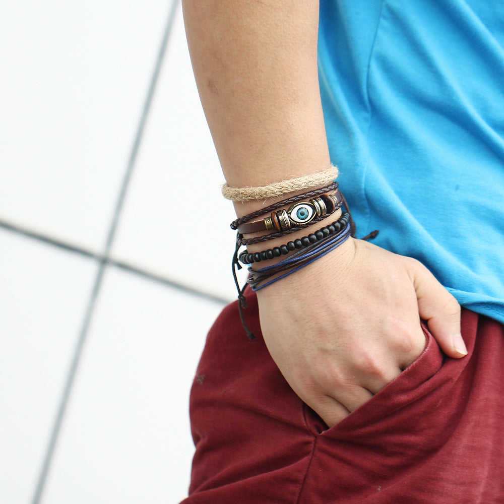 Retro Eyes Leather Beaded Bracelet