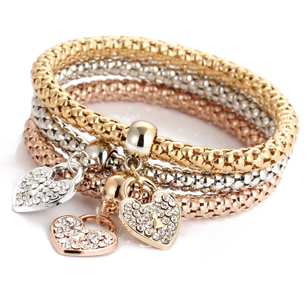 3-Piece Popcorn Chain Bracelet Set with Heart Pendant