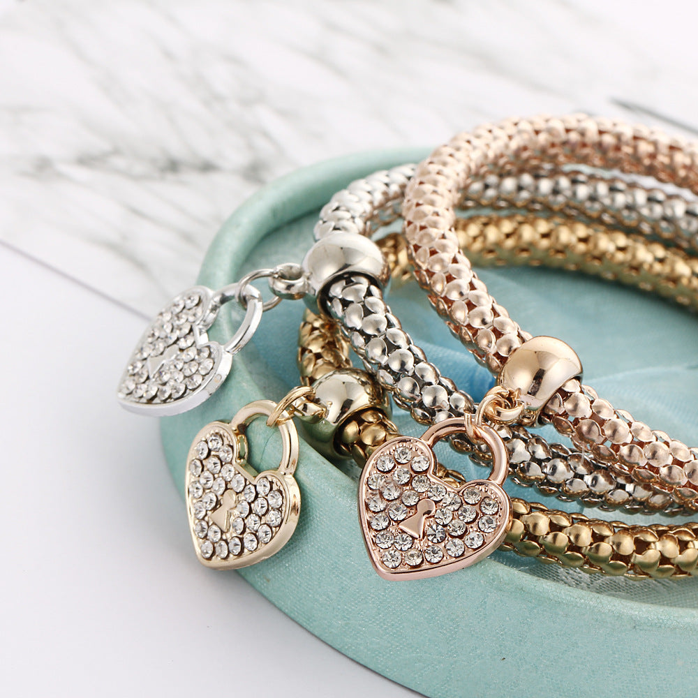 3-Piece Popcorn Chain Bracelet Set with Heart Pendant