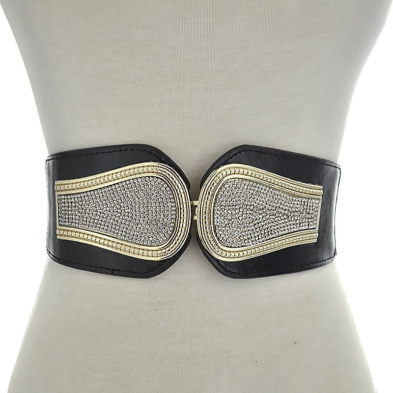 Rhinestone inlaid double buckle head wide belt