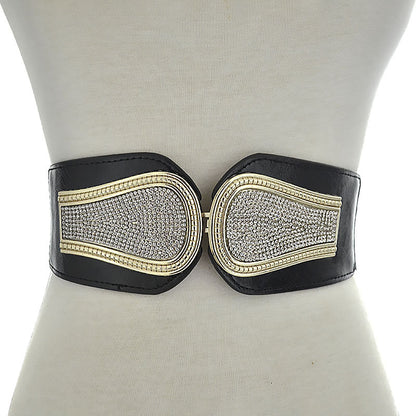 Rhinestone inlaid double buckle head wide belt