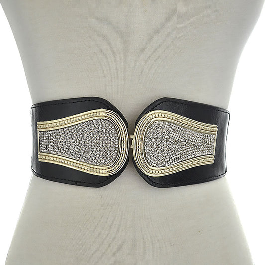 Rhinestone inlaid double buckle head wide belt