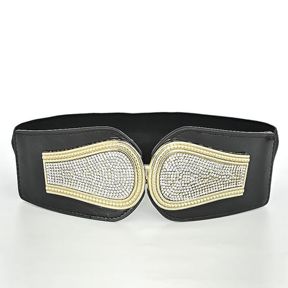 Rhinestone inlaid double buckle head wide belt