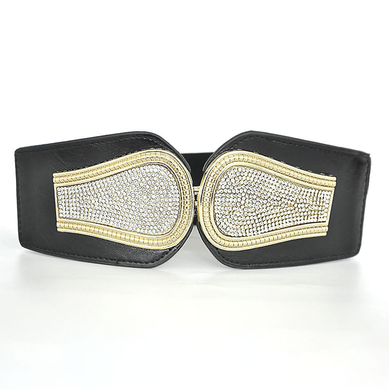 Rhinestone inlaid double buckle head wide belt