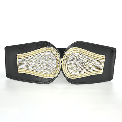 Rhinestone inlaid double buckle head wide belt