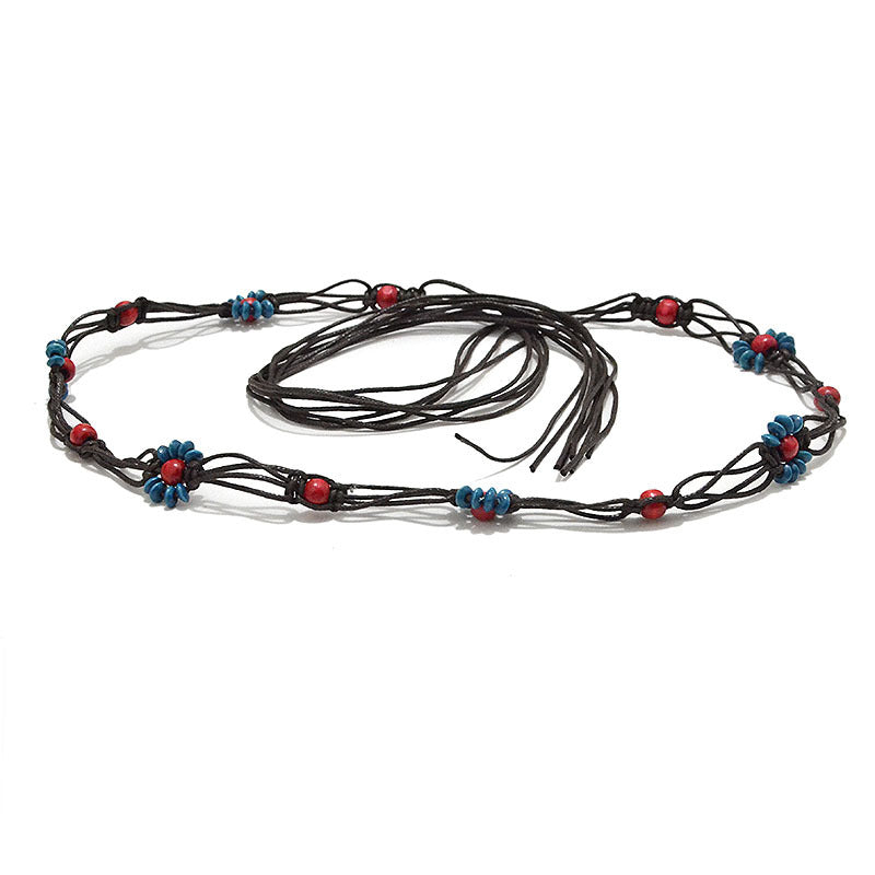 Patterned rice bead string sewn woven waist chain