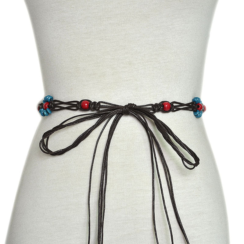 Patterned rice bead string sewn woven waist chain