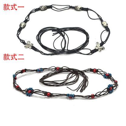 Patterned rice bead string sewn woven waist chain