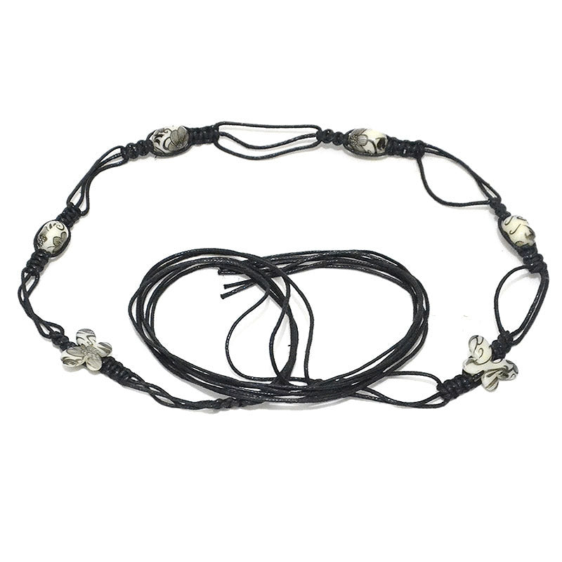 Patterned rice bead string sewn woven waist chain