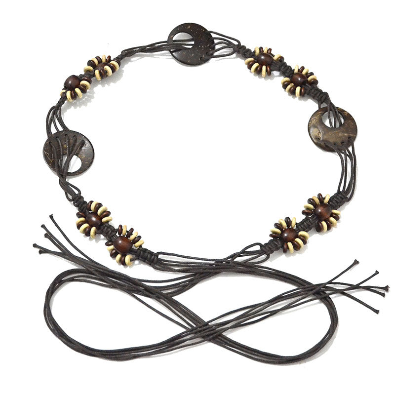 Patterned wooden disc rice bead waist chain