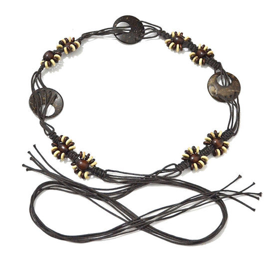 Patterned wooden disc rice bead waist chain