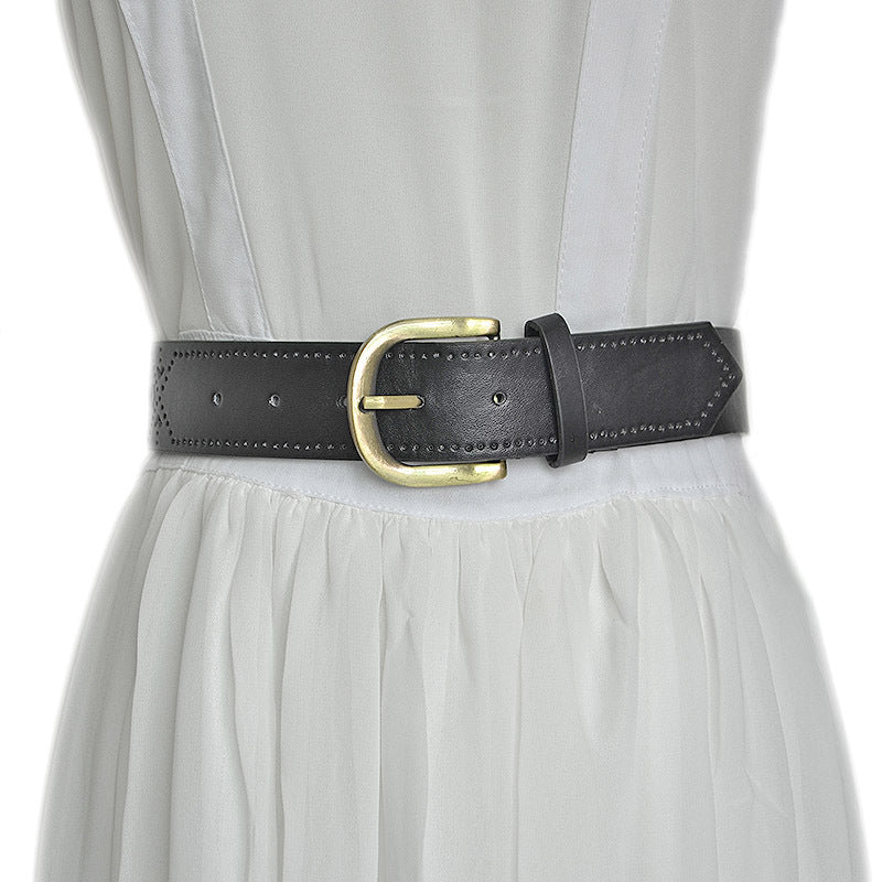 Hollow imitation leather retro pin buckle belt