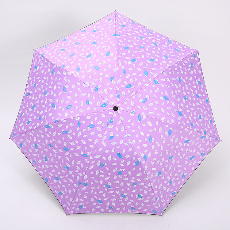 7 Rib Black Coated Umbrella Leaf Pattern Folding Umbrella