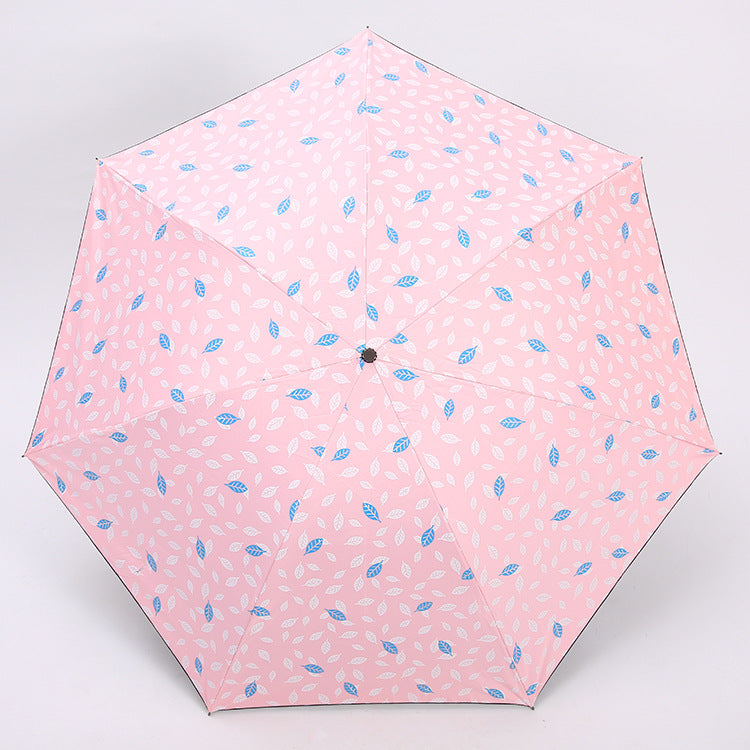 7 Rib Black Coated Umbrella Leaf Pattern Folding Umbrella