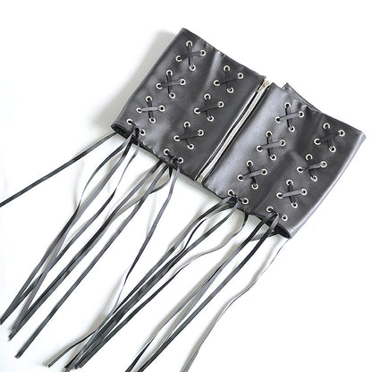 Faux leather fringed decorative strap wide belt