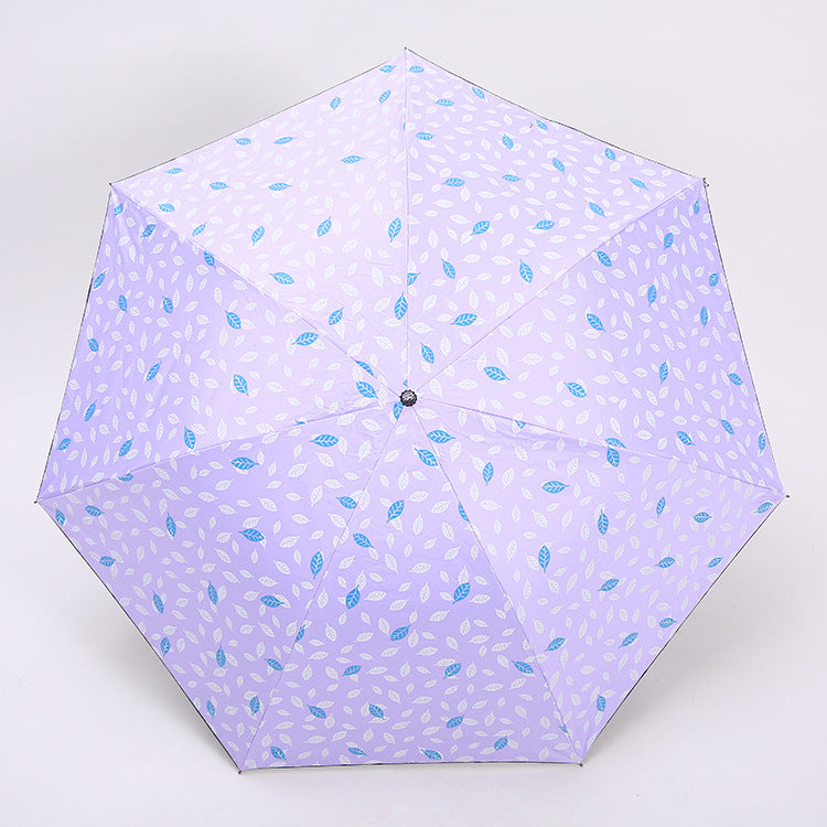 7 Rib Black Coated Umbrella Leaf Pattern Folding Umbrella