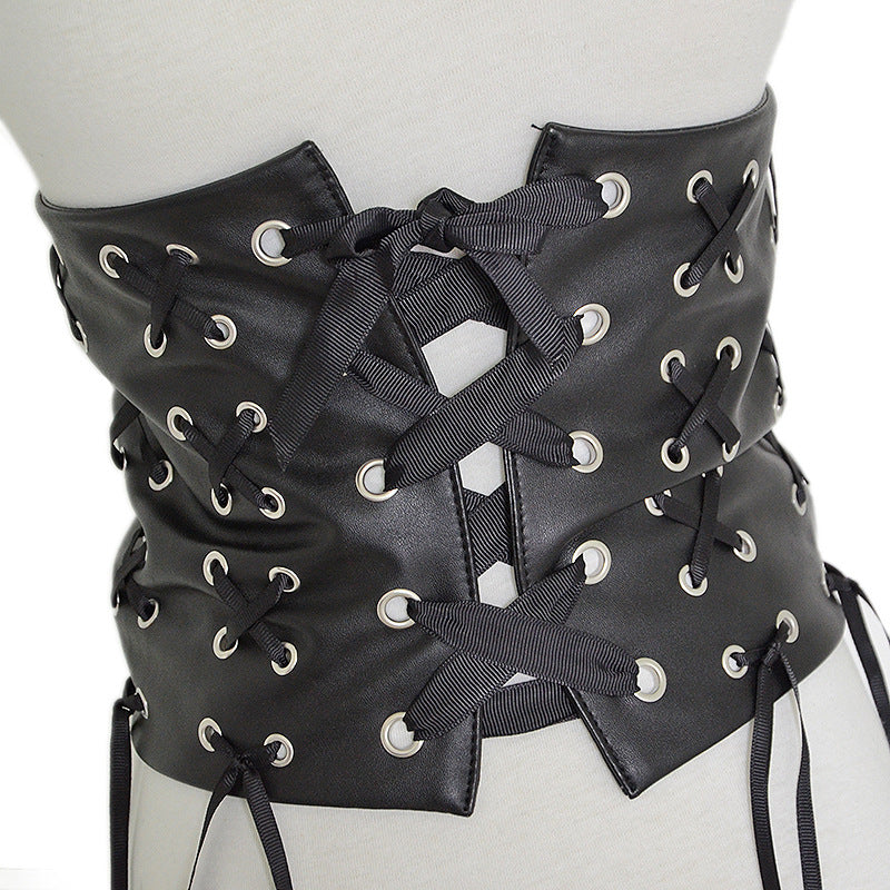 Faux leather fringed decorative strap wide belt