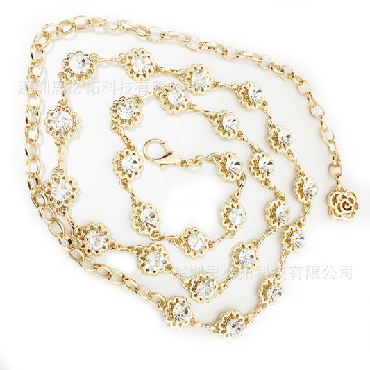 Rhinestone flower decorated gold gift belt