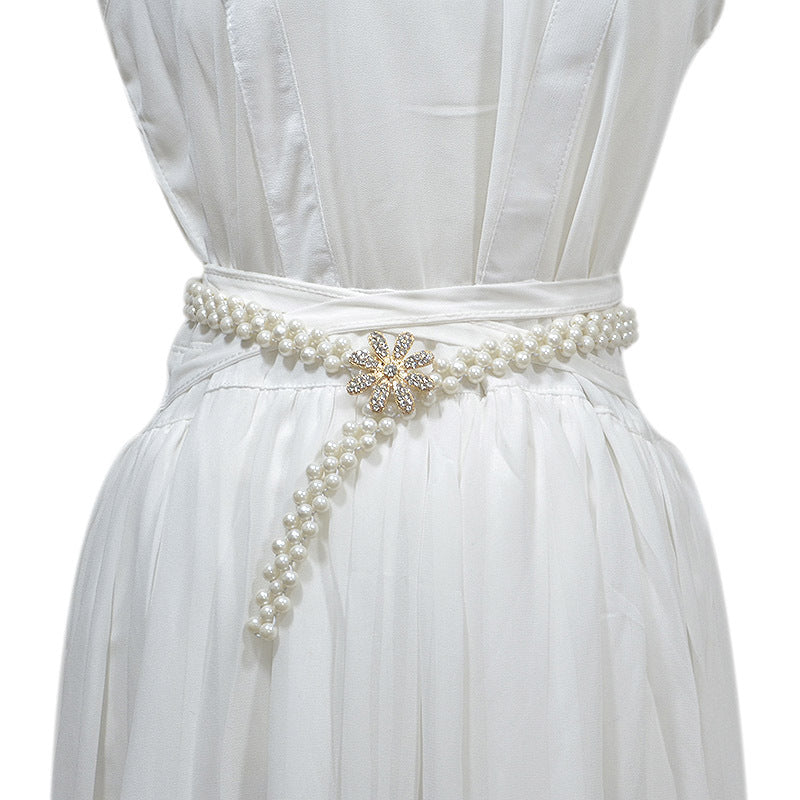 Rhinestone flower pearl waist chain
