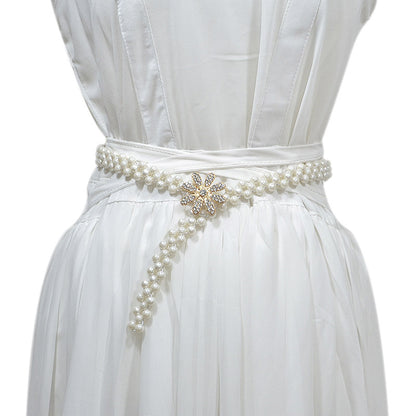 Rhinestone flower pearl waist chain