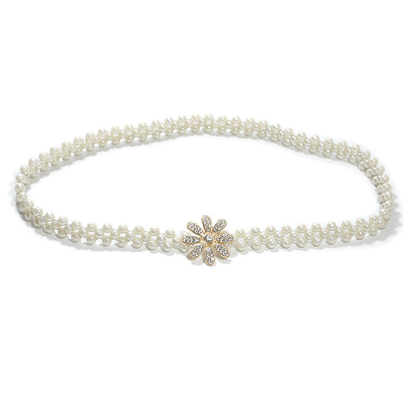 Rhinestone flower pearl waist chain