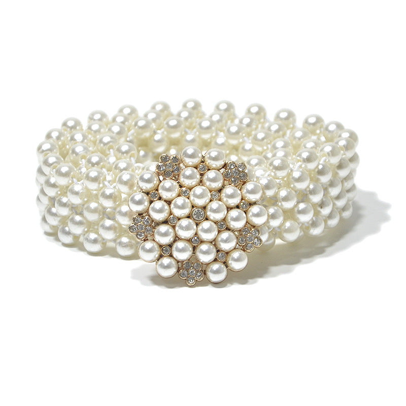 Rhinestone Inlaid Button Head Decorative Pearl Wide Belt