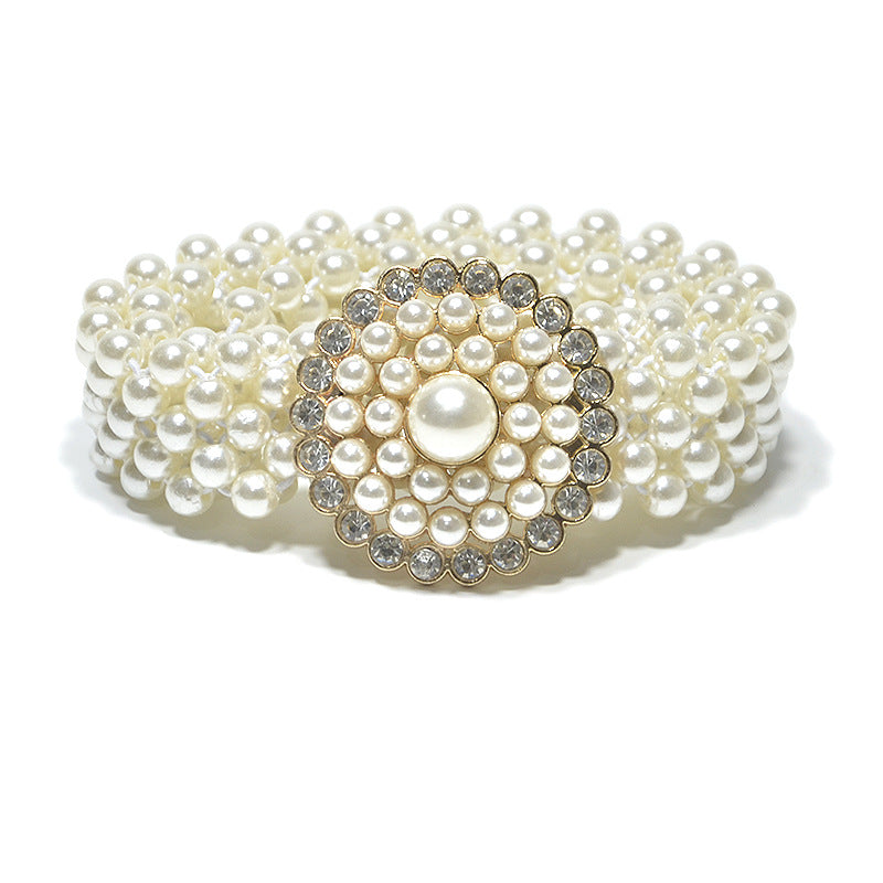 Rhinestone Inlaid Button Head Decorative Pearl Wide Belt