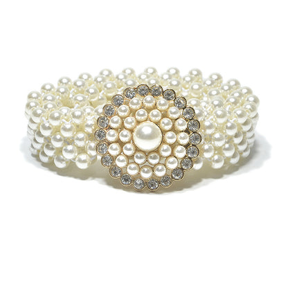 Rhinestone Inlaid Button Head Decorative Pearl Wide Belt
