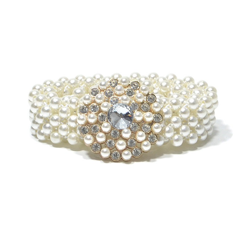 Rhinestone Inlaid Button Head Decorative Pearl Wide Belt