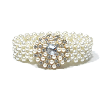 Rhinestone Inlaid Button Head Decorative Pearl Wide Belt