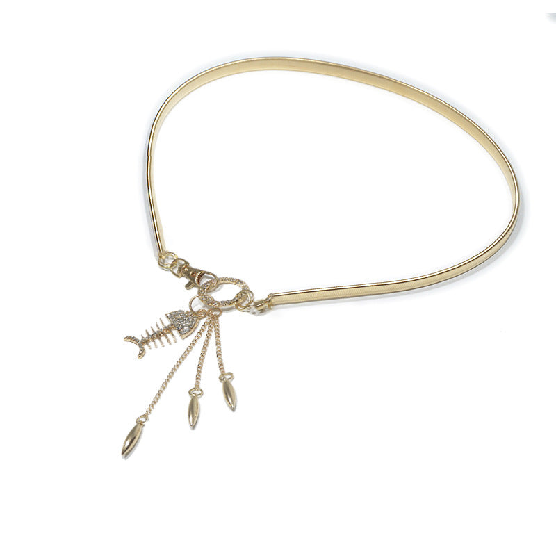 Rhinestone inlaid waist chain fish bone pendant