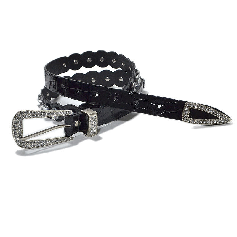 Rhinestone inlaid imitation leather pin buckle belt