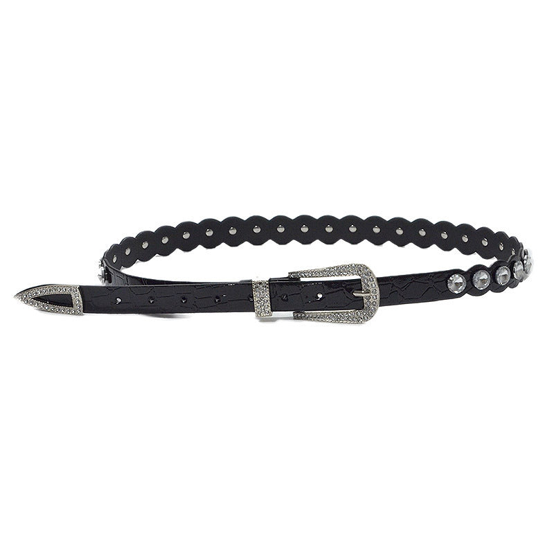 Rhinestone inlaid imitation leather pin buckle belt