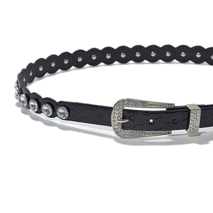 Rhinestone inlaid imitation leather pin buckle belt