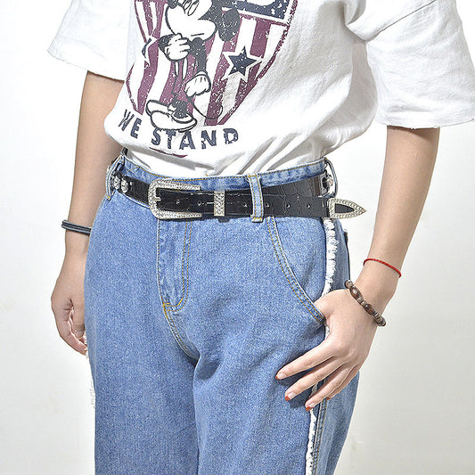 Rhinestone inlaid imitation leather pin buckle belt