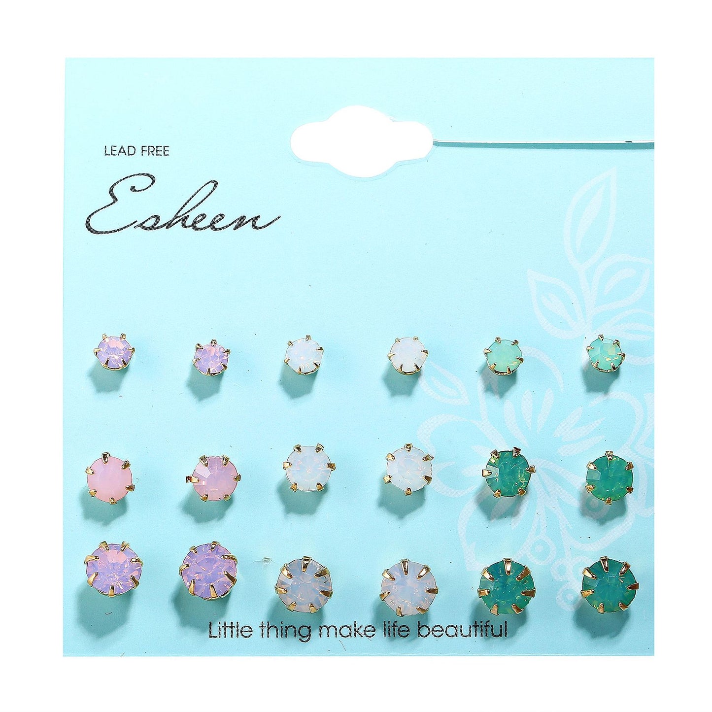 9 pairs of earrings in different sizes and colors