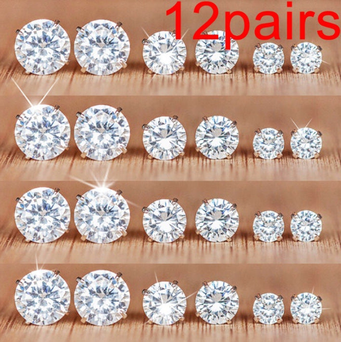 12-Pair Zircon Stud Earring Set