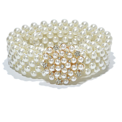 Rhinestone Inlaid Button Head Decorative Pearl Wide Belt