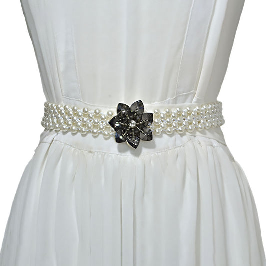 Pearl crystal wide belt woman